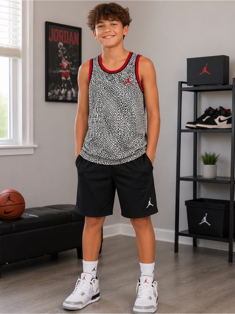 Jordan - White/Black/Red - Elephant Print Tank Top - S